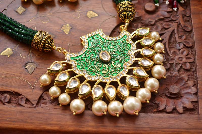 Designer Floral Peacock Meenakari Kundan Studed Onyx Stone Multilayer Necklace Set with Earrings
