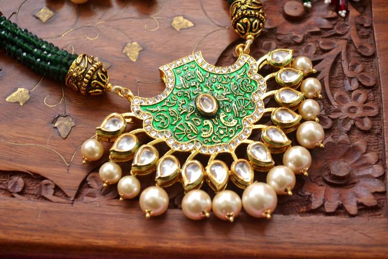 Designer Floral Peacock Meenakari Kundan Studed Onyx Stone Multilayer Necklace Set with Earrings