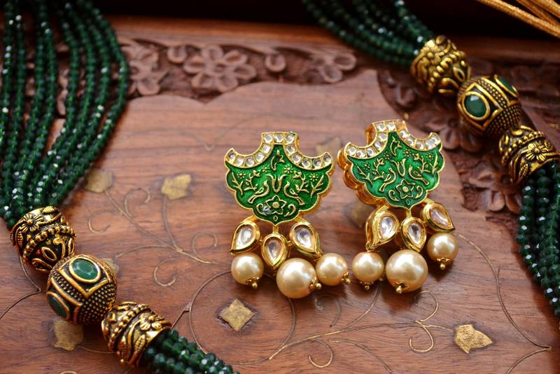 Designer Floral Peacock Meenakari Kundan Studed Onyx Stone Multilayer Necklace Set with Earrings