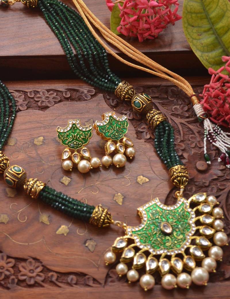 Designer Floral Peacock Meenakari Kundan Studed Onyx Stone Multilayer Necklace Set with Earrings