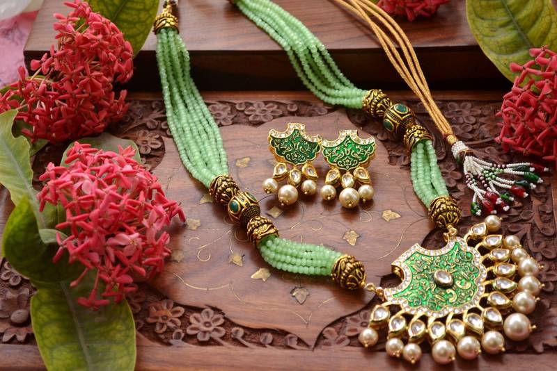 Designer Floral Peacock Meenakari Kundan Studed Onyx Stone Multilayer Necklace Set with Earrings