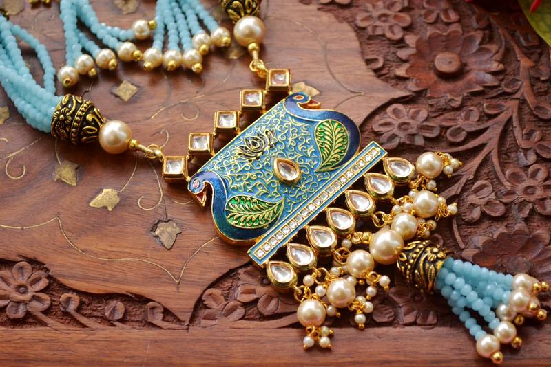 Designer Floral Peacock Meenakari Kundan Studed Onyx Stone Multilayer Necklace Set with Earrings