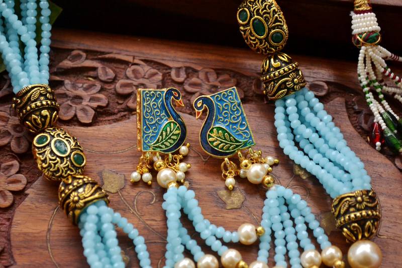 Designer Floral Peacock Meenakari Kundan Studed Onyx Stone Multilayer Necklace Set with Earrings