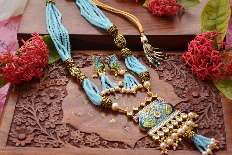 Designer Floral Peacock Meenakari Kundan Studed Onyx Stone Multilayer Necklace Set with Earrings