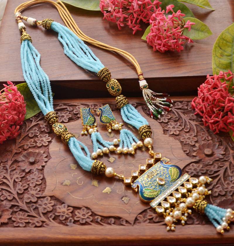 Designer Floral Peacock Meenakari Kundan Studed Onyx Stone Multilayer Necklace Set with Earrings