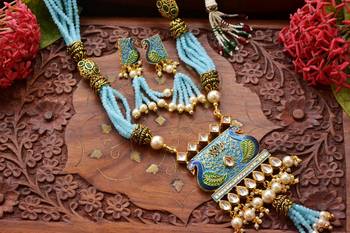 Designer Floral Peacock Meenakari Kundan Studed Onyx Stone Multilayer Necklace Set with Earrings 5
