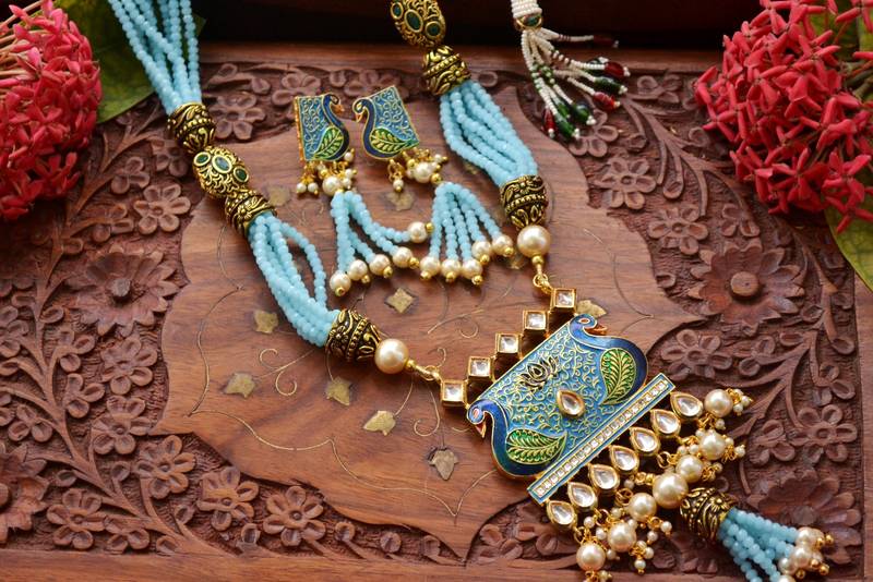 Designer Floral Peacock Meenakari Kundan Studed Onyx Stone Multilayer Necklace Set with Earrings