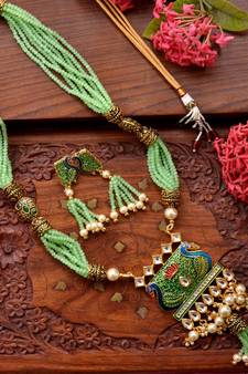 Designer Floral Peacock Meenakari Kundan Studed Onyx Stone Multilayer Necklace Set with Earrings
