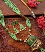 Designer Floral Peacock Meenakari Kundan Studed Onyx Stone Multilayer Necklace Set with Earrings