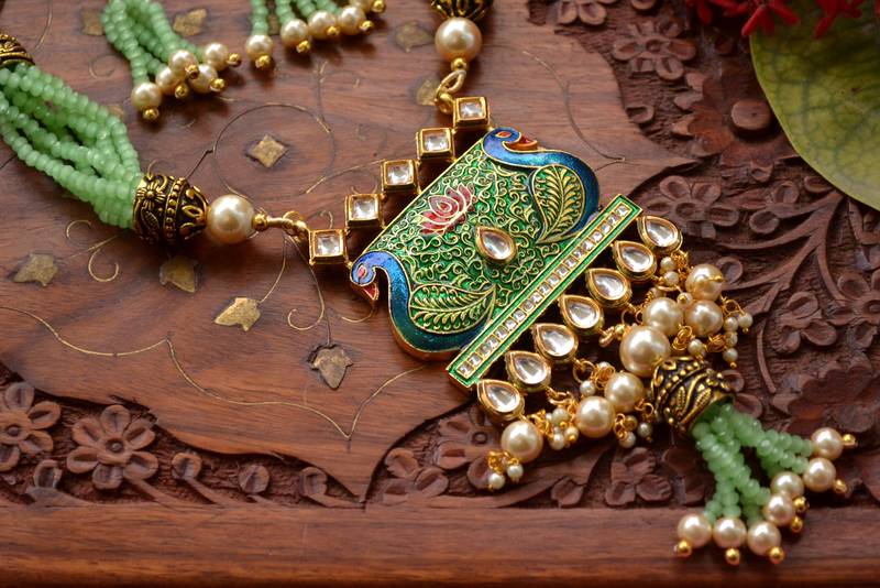 Designer Floral Peacock Meenakari Kundan Studed Onyx Stone Multilayer Necklace Set with Earrings