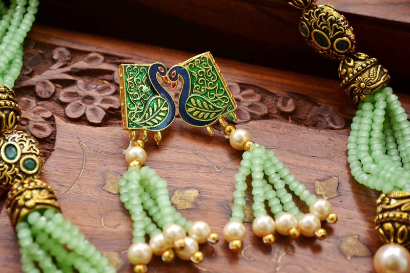 Designer Floral Peacock Meenakari Kundan Studed Onyx Stone Multilayer Necklace Set with Earrings