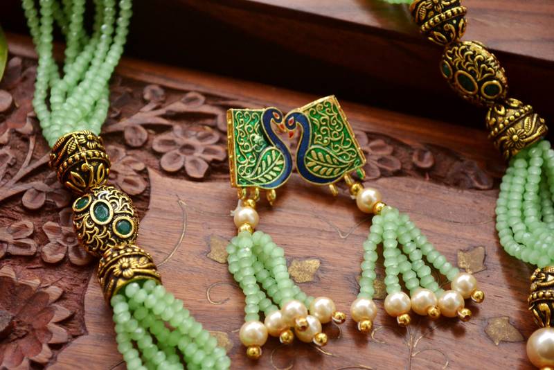 Designer Floral Peacock Meenakari Kundan Studed Onyx Stone Multilayer Necklace Set with Earrings