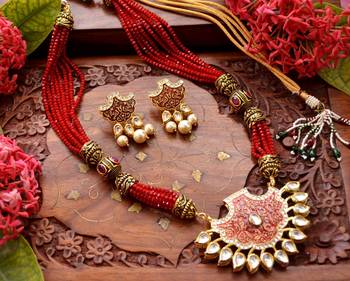 Designer Floral Peacock Meenakari Kundan Studed Onyx Stone Multilayer Necklace Set with Earrings 1