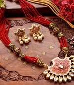 Designer Floral Peacock Meenakari Kundan Studed Onyx Stone Multilayer Necklace Set with Earrings