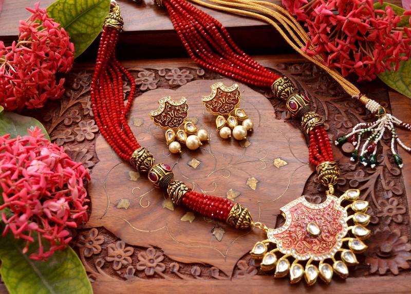 Designer Floral Peacock Meenakari Kundan Studed Onyx Stone Multilayer Necklace Set with Earrings