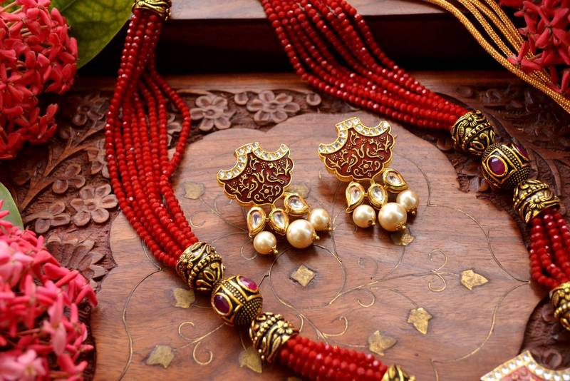 Designer Floral Peacock Meenakari Kundan Studed Onyx Stone Multilayer Necklace Set with Earrings