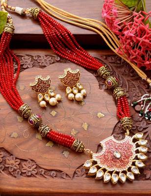 Designer Floral Peacock Meenakari Kundan Studed Onyx Stone Multilayer Necklace Set with Earrings 4