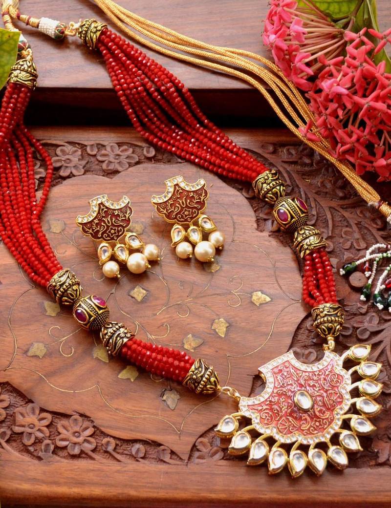 Designer Floral Peacock Meenakari Kundan Studed Onyx Stone Multilayer Necklace Set with Earrings