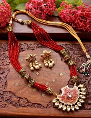 Designer Floral Peacock Meenakari Kundan Studed Onyx Stone Multilayer Necklace Set with Earrings 5