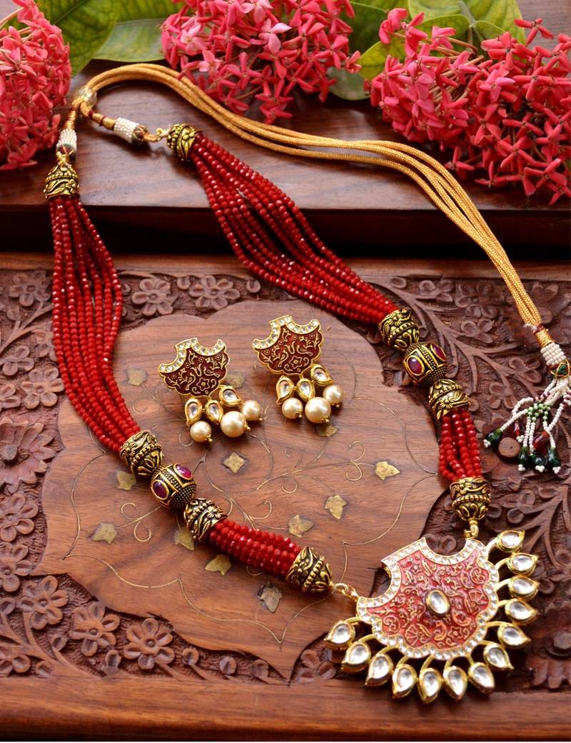 Designer Floral Peacock Meenakari Kundan Studed Onyx Stone Multilayer Necklace Set with Earrings