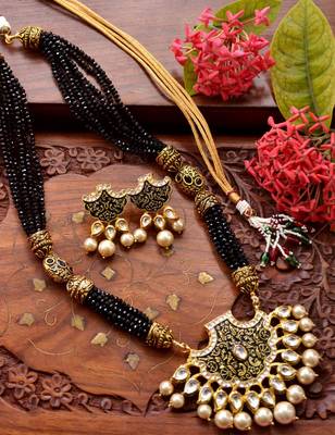 Designer Floral Peacock Meenakari Kundan Studed Onyx Stone Multilayer Necklace Set with Earrings 1