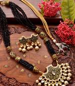 Designer Floral Peacock Meenakari Kundan Studed Onyx Stone Multilayer Necklace Set with Earrings
