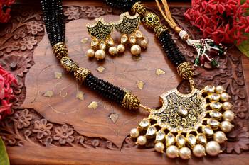 Designer Floral Peacock Meenakari Kundan Studed Onyx Stone Multilayer Necklace Set with Earrings 3