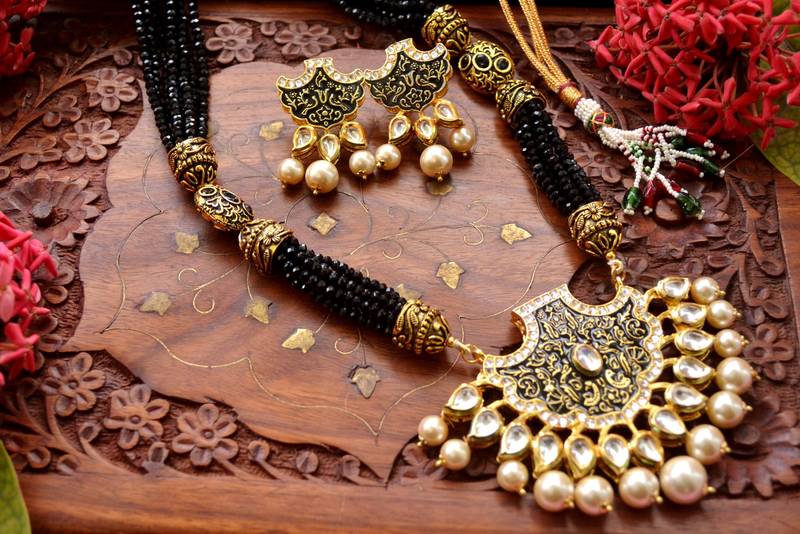 Designer Floral Peacock Meenakari Kundan Studed Onyx Stone Multilayer Necklace Set with Earrings