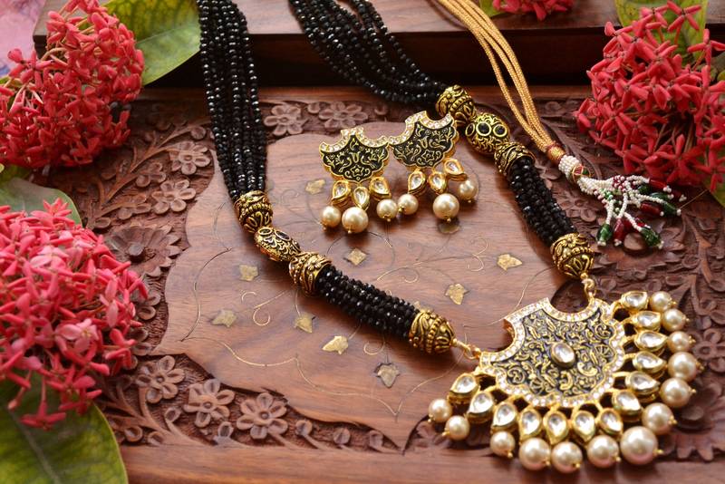 Designer Floral Peacock Meenakari Kundan Studed Onyx Stone Multilayer Necklace Set with Earrings