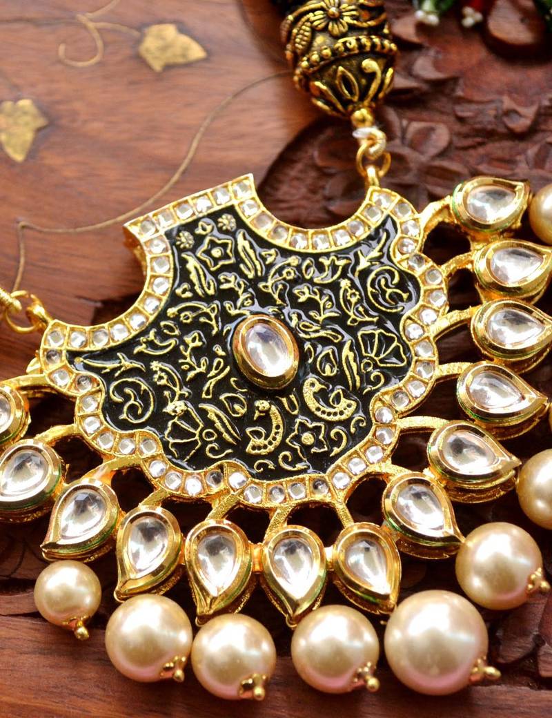 Designer Floral Peacock Meenakari Kundan Studed Onyx Stone Multilayer Necklace Set with Earrings