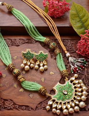 Designer Floral Peacock Meenakari Kundan Studed Onyx Stone Multilayer Necklace Set with Earrings 1