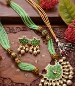 Designer Floral Peacock Meenakari Kundan Studed Onyx Stone Multilayer Necklace Set with Earrings