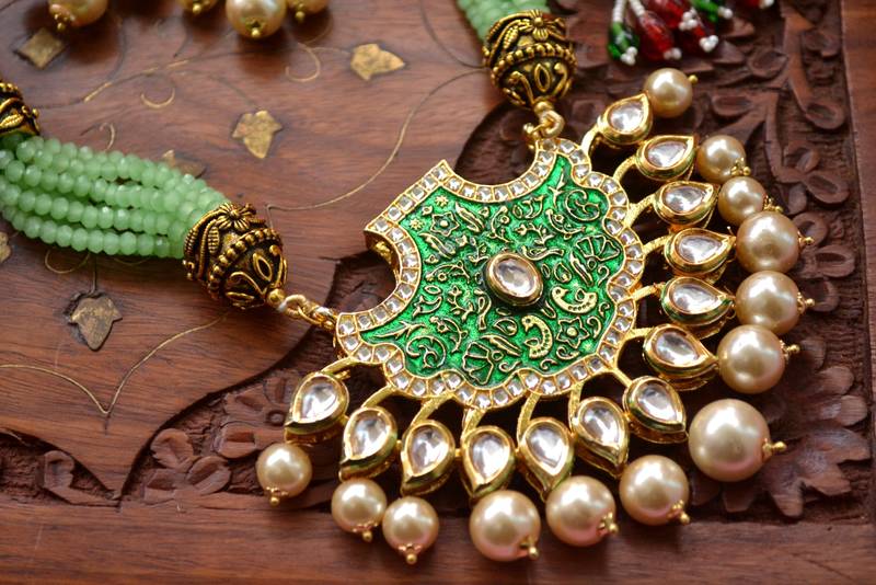 Designer Floral Peacock Meenakari Kundan Studed Onyx Stone Multilayer Necklace Set with Earrings