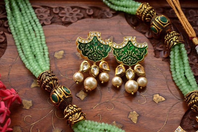 Designer Floral Peacock Meenakari Kundan Studed Onyx Stone Multilayer Necklace Set with Earrings