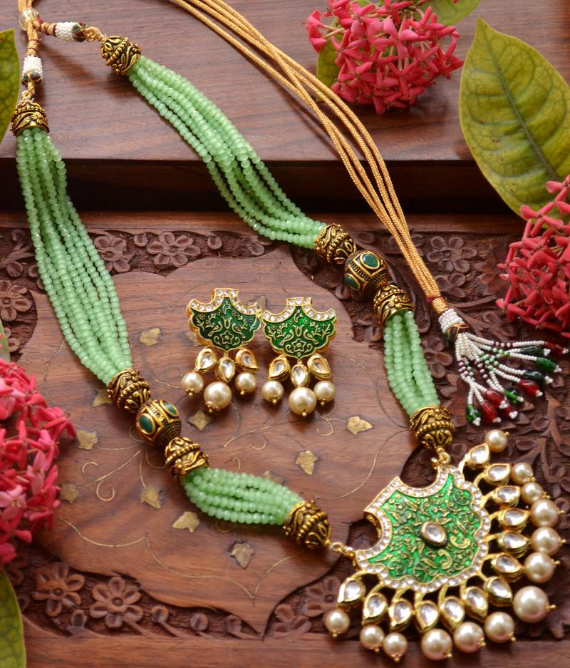 Designer Floral Peacock Meenakari Kundan Studed Onyx Stone Multilayer Necklace Set with Earrings