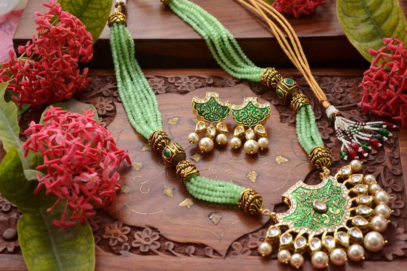 Designer Floral Peacock Meenakari Kundan Studed Onyx Stone Multilayer Necklace Set with Earrings