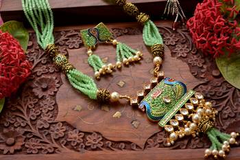 Designer Floral Peacock Meenakari Kundan Studed Onyx Stone Multilayer Necklace Set with Earrings 1