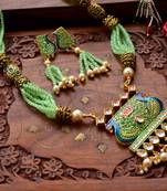 Designer Floral Peacock Meenakari Kundan Studed Onyx Stone Multilayer Necklace Set with Earrings