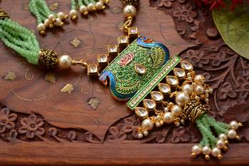 Designer Floral Peacock Meenakari Kundan Studed Onyx Stone Multilayer Necklace Set with Earrings 2