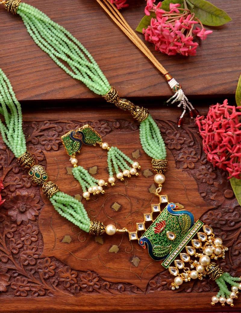 Designer Floral Peacock Meenakari Kundan Studed Onyx Stone Multilayer Necklace Set with Earrings