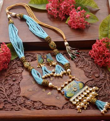 Designer Floral Peacock Meenakari Kundan Studed Onyx Stone Multilayer Necklace Set with Earrings 1