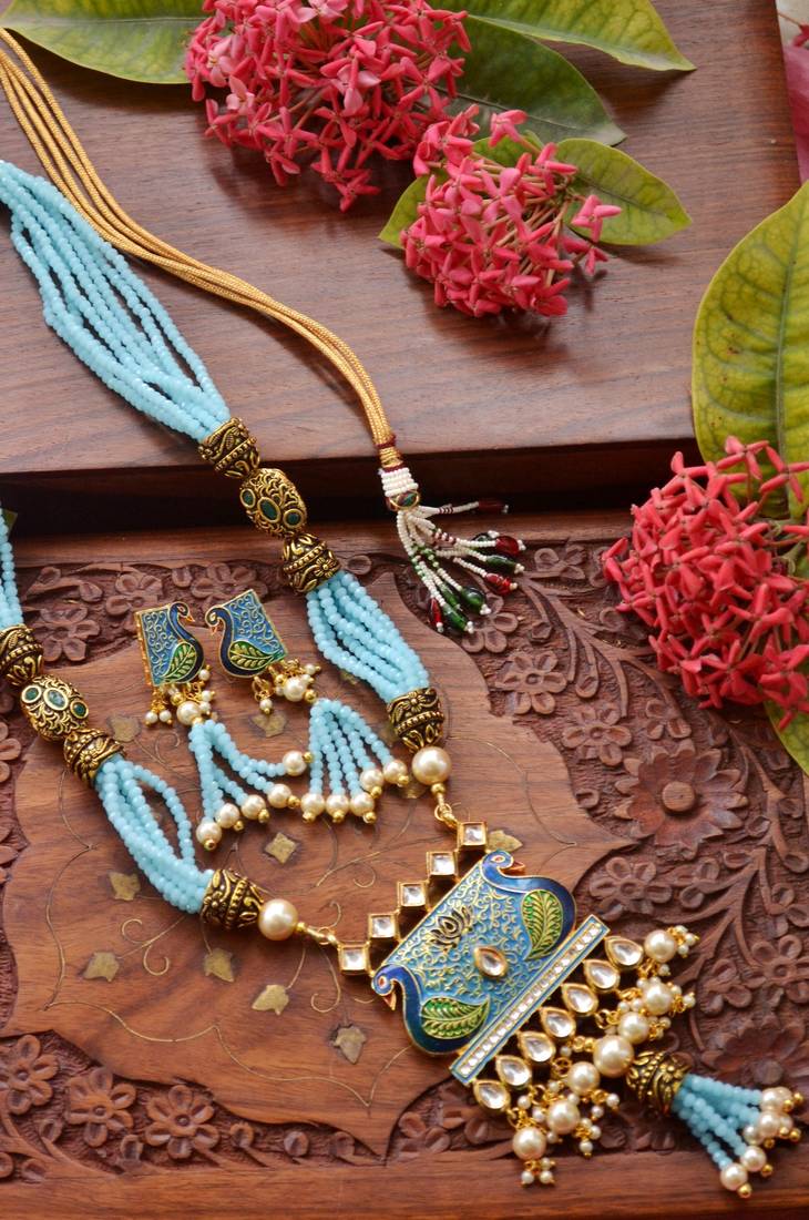 Designer Floral Peacock Meenakari Kundan Studed Onyx Stone Multilayer Necklace Set with Earrings