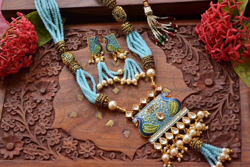 Designer Floral Peacock Meenakari Kundan Studed Onyx Stone Multilayer Necklace Set with Earrings