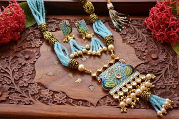 Designer Floral Peacock Meenakari Kundan Studed Onyx Stone Multilayer Necklace Set with Earrings 4