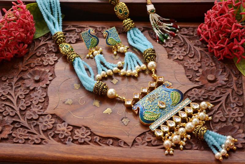 Designer Floral Peacock Meenakari Kundan Studed Onyx Stone Multilayer Necklace Set with Earrings