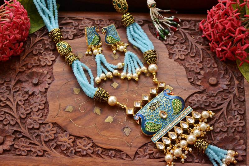 Designer Floral Peacock Meenakari Kundan Studed Onyx Stone Multilayer Necklace Set with Earrings