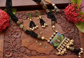 Designer Floral Peacock Meenakari Kundan Studed Onyx Stone Multilayer Necklace Set with Earrings 1