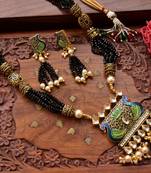 Designer Floral Peacock Meenakari Kundan Studed Onyx Stone Multilayer Necklace Set with Earrings
