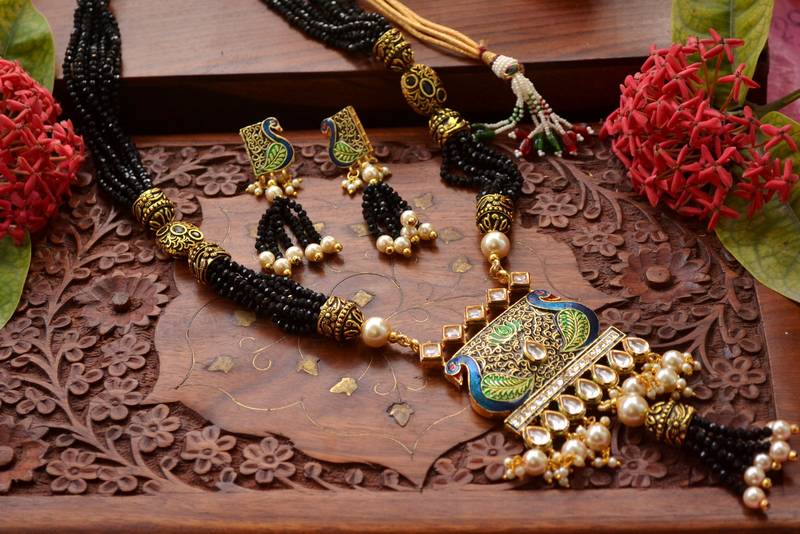 Designer Floral Peacock Meenakari Kundan Studed Onyx Stone Multilayer Necklace Set with Earrings
