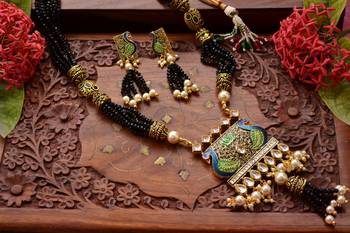 Designer Floral Peacock Meenakari Kundan Studed Onyx Stone Multilayer Necklace Set with Earrings 3